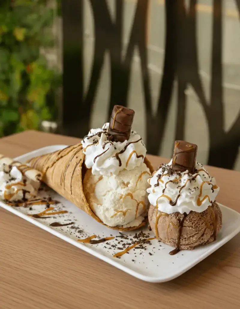 Cono Kinder Bueno: cono de galleta relleno de helado, con crema chantilly y chocolatina Kinder Bueno encima.